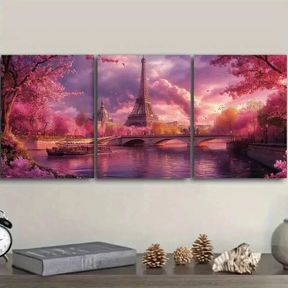3pcs Cherry Blossoms at Eiffel Tower Wall Art Set Canvas Framed 50x70cm - High Quality Print 100% Australian Made Wall Canvas Ready to Hang