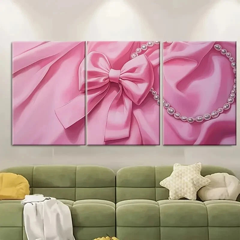 3pcs Pink Bow and Pearl Illustration Coquette Metal Print Ready to Hang Art