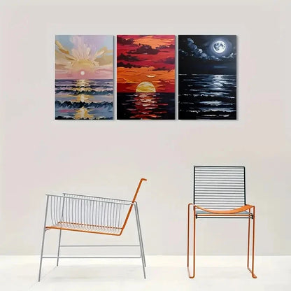 3pcs Ocean Sunset to Moonlit Night Metal Print Ready to Hang Art
