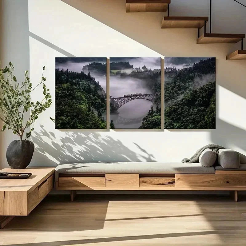 3pcs Misty Valleys Woods Bridges & Train Wall Art Set Canvas Framed 40x60cm - High Quality Print 100% Australian Made Wall Canvas Ready to Hang