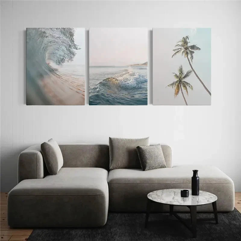 3pcs Modern Pastel Beach Surf & Palm Tree Metal Print Ready to Hang Art