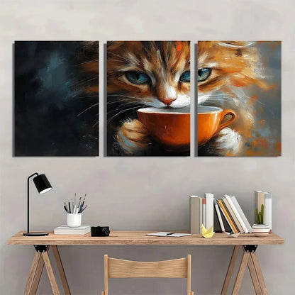 3pcs Cat Drinking Coffee Pet Abstract Modern Metal Print Ready to Hang Art