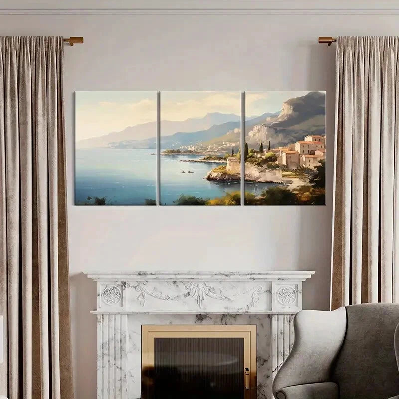 3pcs Mountain View Coastal Town Serene Waters Metal Print Ready to Hang Art