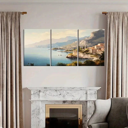 3pcs Mountain View Coastal Town Serene Waters Metal Print Ready to Hang Art