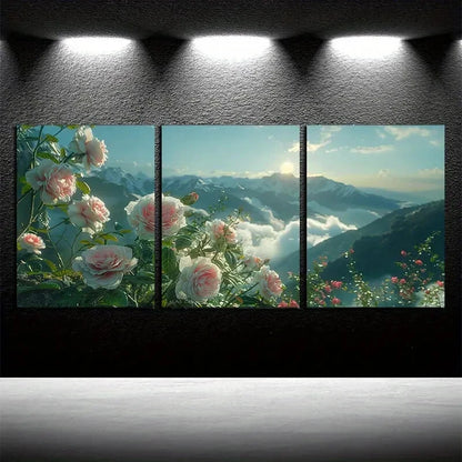 3pcs Vibrant Charming Roses with Mountain View Metal Print Ready to Hang Art
