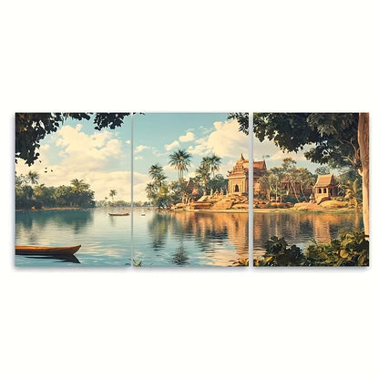 3pcs Polonnaruwa Village Sri Lankan Lakeside Metal Print Ready to Hang Art