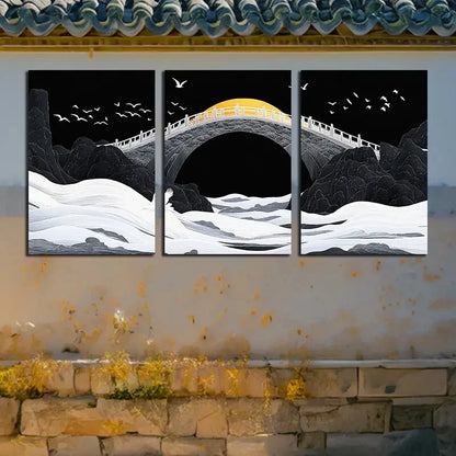 3pcs Black Bridge with Sea and Birds Flying View Metal Print Ready to Hang Art