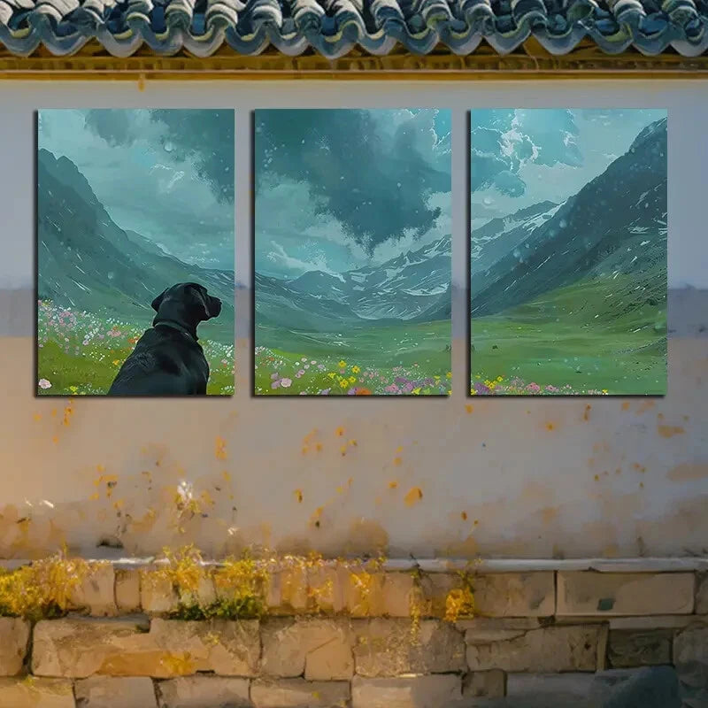 3pcs Charming Neon Rainbow Flowers & Puppy Metal Print Ready to Hang Art