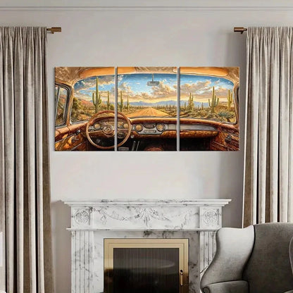 3pcs Desert Landscape Vintage Car Blue Sky Metal Print Ready to Hang Art