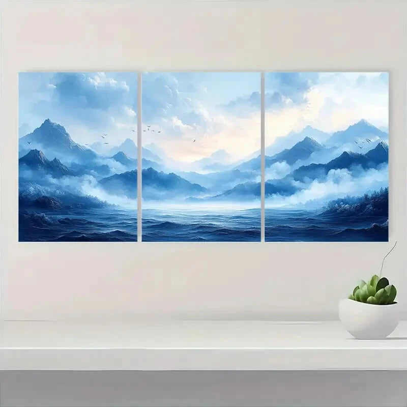 3pcs Abstract Landscape Blue Smoke Wave & Birds Metal Print Ready to Hang Art