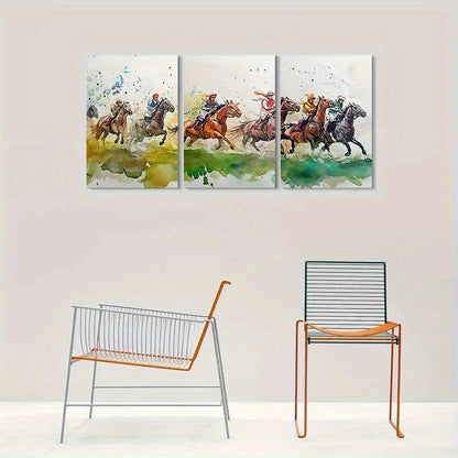 3pcs Watercolor Horse Race Green Themed Metal Print Ready to Hang Art