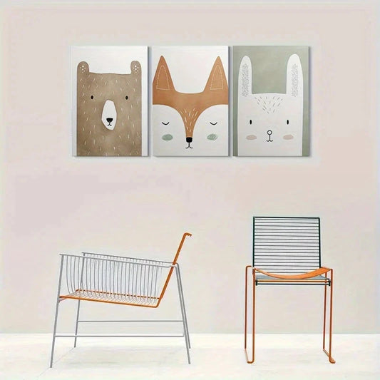 3pcs Adorable Animal Cute Bear Fox and Rabbit Metal Print Ready to Hang Art