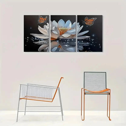 3pcs Tranquil Lotus Pond Butterfly Metal Print Ready to Hang Art