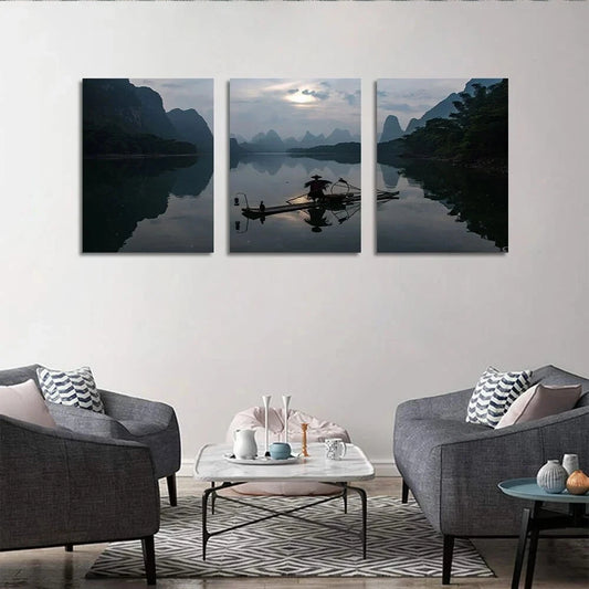 3pcs Fishing Boat Lake Mountain Metal Print Ready to Hang Art - Bella Home Decor