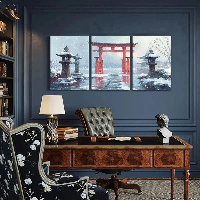 3pcs Winter Wonderland Torii Gate Snowy Landscape Metal Print Ready to Hang Art