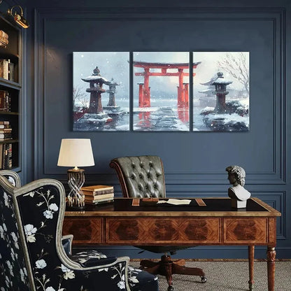 3pcs Winter Wonderland Torii Gate Snowy Landscape Metal Print Ready to Hang Art