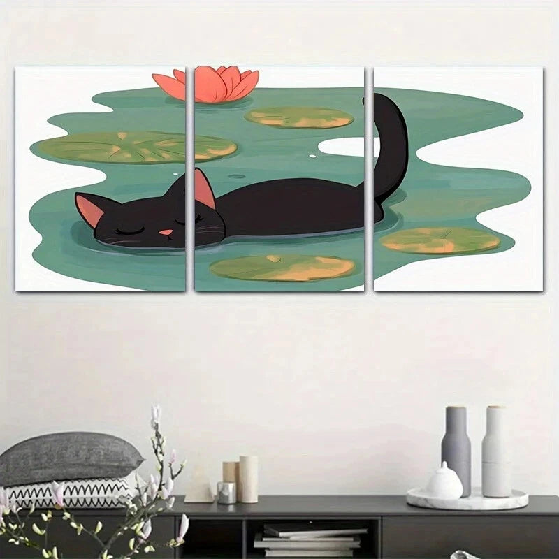 3pcs Whimsical Black Cat & Lotus Flower Metal Print Ready to Hang Art