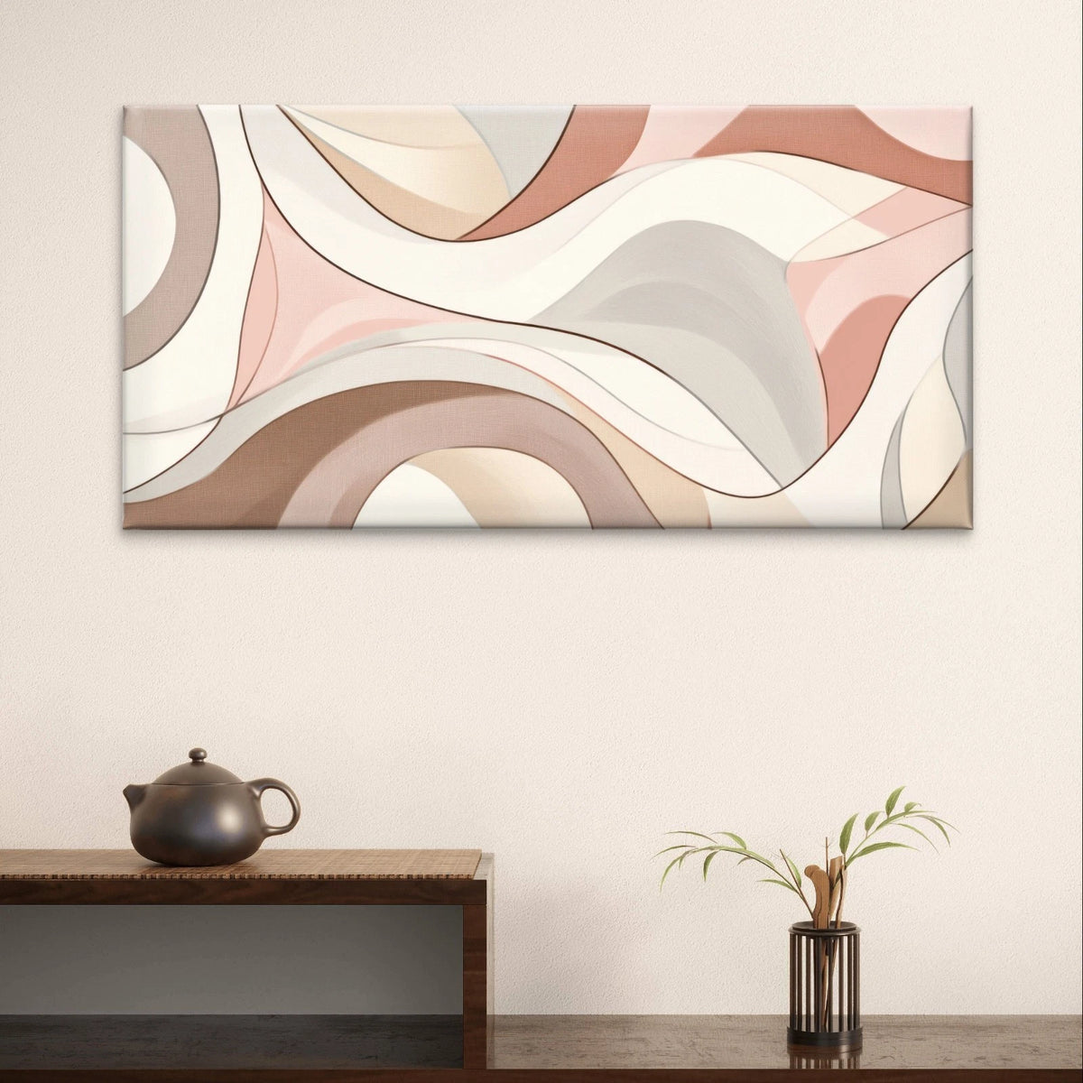 Modern Abstract Pastel Neutral Waves Wall Art Canvas Office Home Framed 120x60cm