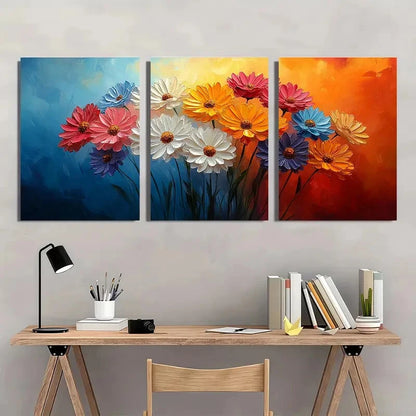 3pcs Vibrant Abstract Floral Textured Oil Impasto Metal Print Ready to Hang Art