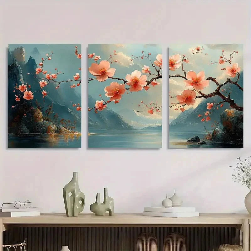 3pcs Vibrant Peach Blossom Landscape Metal Print Ready to Hang Art