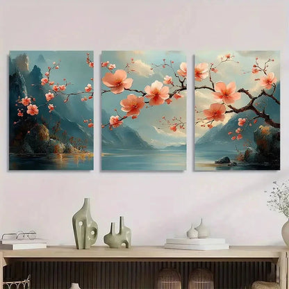 3pcs Vibrant Peach Blossom Landscape Metal Print Ready to Hang Art