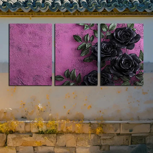 3pcs Purple Rose with Pink Background Design Metal Print Ready to Hang Art