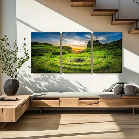3pcs Green Grass Sunset Scenery Natural Wall Art Set Canvas Framed 40x60cm - High Quality Print 100% Australian Made Wall Canvas Ready to Hang