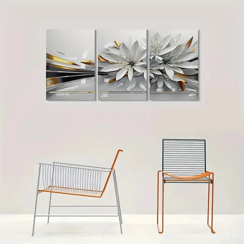 3pcs Modern Abstract Flower White & Golden Metal Print Ready to Hang Art