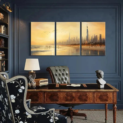 3pcs Futuristic Skyline Palm Trees & Seagulls Metal Print Ready to Hang Art