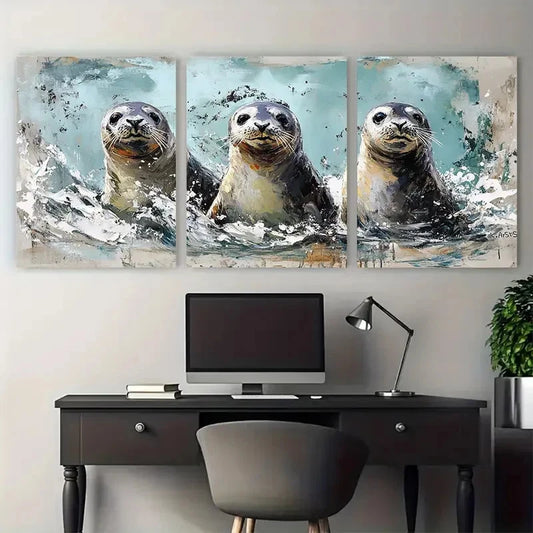 3pcs Seal Painting Sea Animal Illustration Wall Art Set Canvas Framed 60x90cm - High Quality Print 100% Australian Made Wall Canvas Ready to Hang