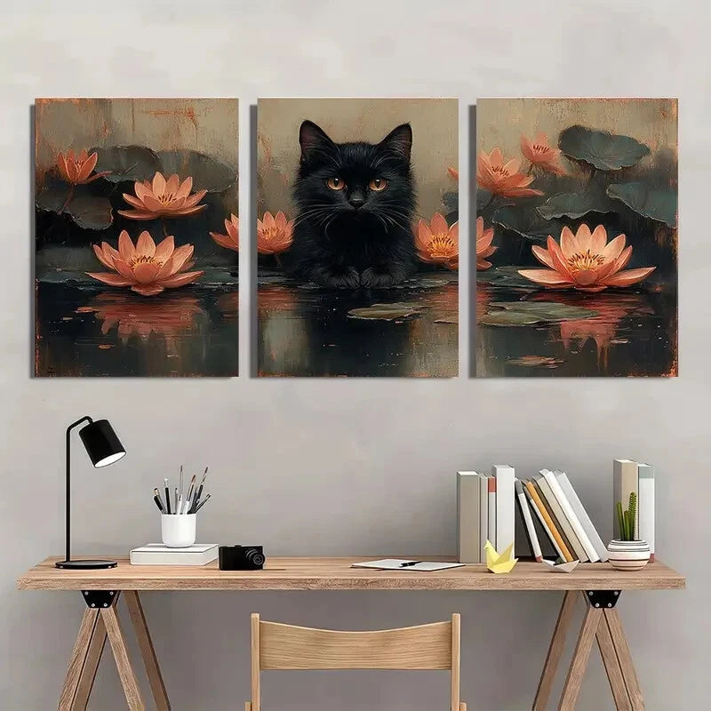 3pcs Vintage Black Cat & Water Lilies Metal Print Ready to Hang Art