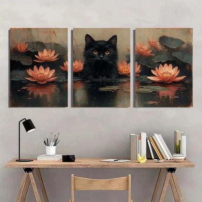 3pcs Vintage Black Cat & Water Lilies Metal Print Ready to Hang Art