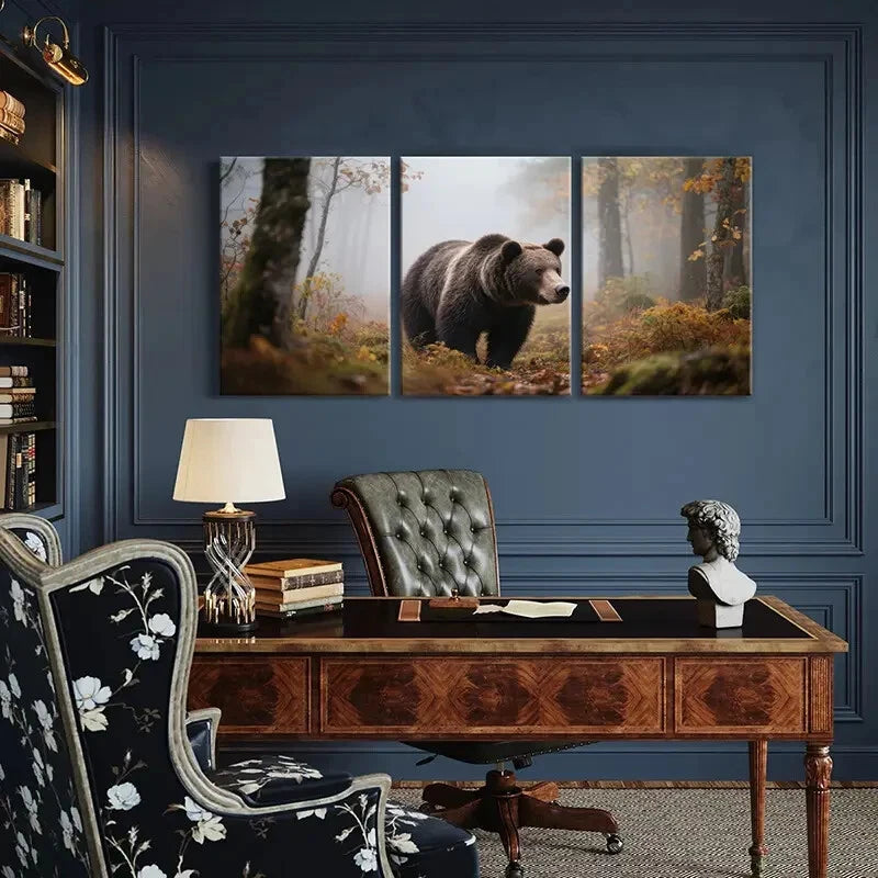 3pcs Forest Bear Art Wildlife Decor Autumn Scene Metal Print Ready to Hang Art
