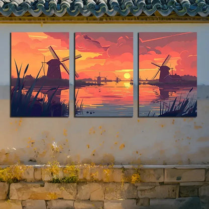 3pcs The Windmill at Sunset Illustration Metal Print Ready to Hang Art