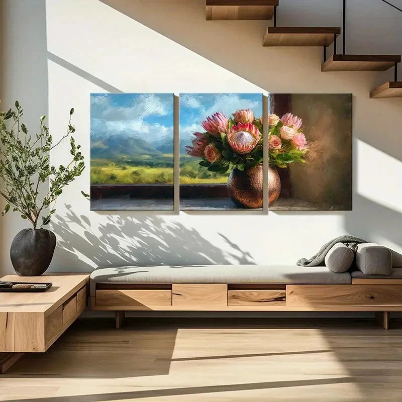 3pcs Floral Bouquet Landscape View Copper Vase Metal Print Ready to Hang Art