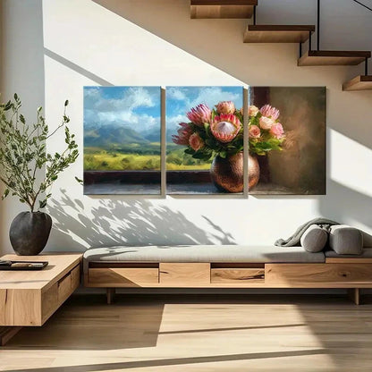 3pcs Floral Bouquet Landscape View Copper Vase Metal Print Ready to Hang Art
