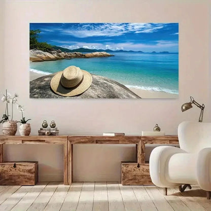 Vibrant Beach Hat Coastal wall canvas office home room framed 120x60cm - Bella Home Decor