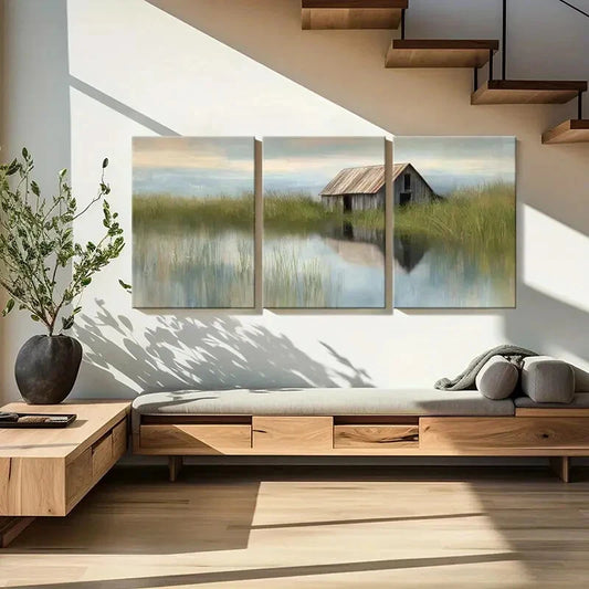 3pcs Serene Lake Calm Atmosphere Barn Reflection Metal Print Ready to Hang Art