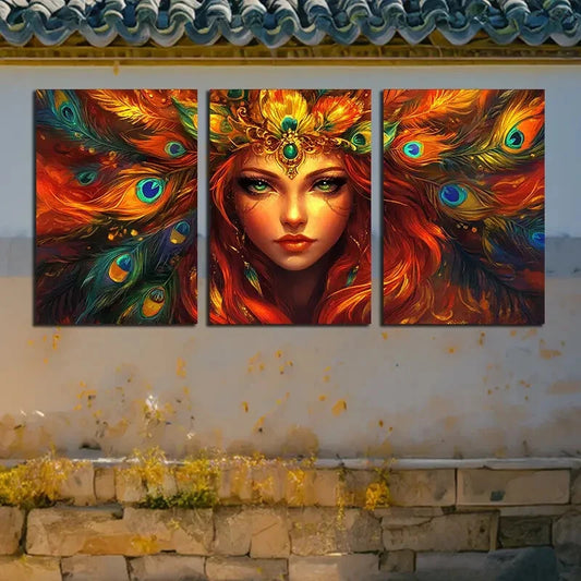 3pcs Vibrant Peacock Feather Girl Illustration Metal Print Ready to Hang Art