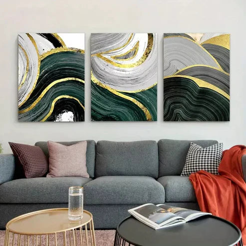 3pcs Abstract Golden Green Marble Line Canvas Framed 60x90 cm - High Quality Print 100% Australian Made Wall Canvas Ready to Hang