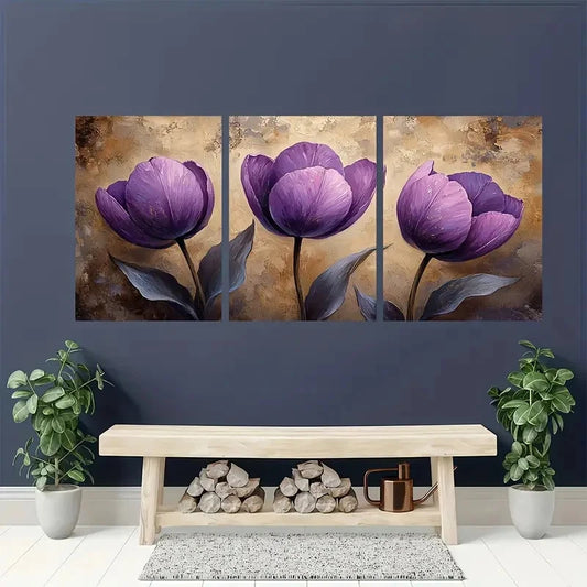 3pcs Showcasing Beige Purple Tulips Perfect Wall Art Set Canvas Framed 40x60cm - High Quality Print 100% Australian Made Wall Canvas Ready to Hang