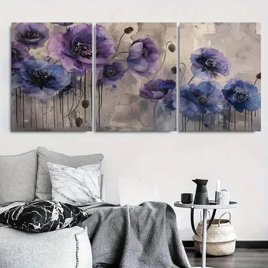 3pcs Modern Abstract Purple Poppy Floral Metal Print Ready to Hang Art