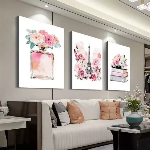 3pcs Pink Perfume & Parisian Fashion Canvas Framed 60x90 cm - High Quality Print 100% Australian Made Wall Canvas Ready to Hang