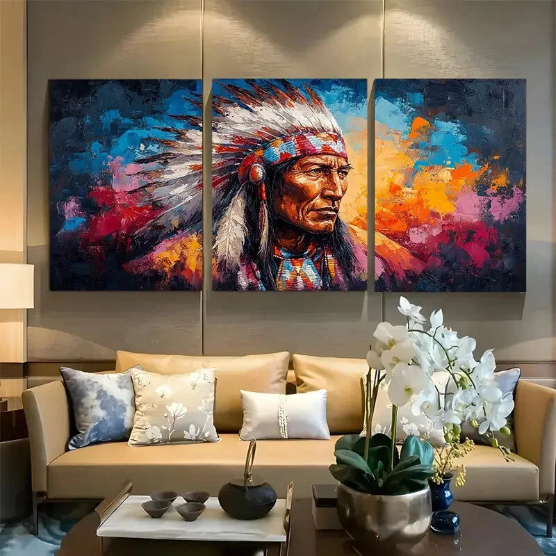 3pcs Vibrant Native American Chief Portrait Design Metal Print Ready to Hang Art