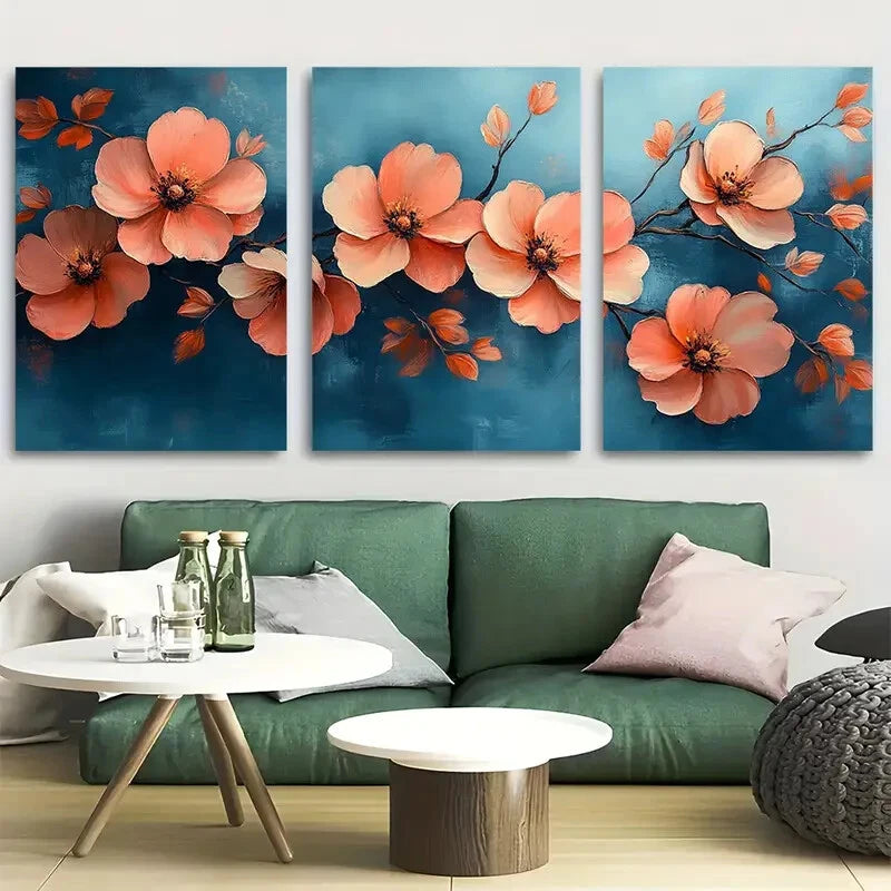 3pcs Boho Flowers in Blue Background Design Metal Print Ready to Hang Art