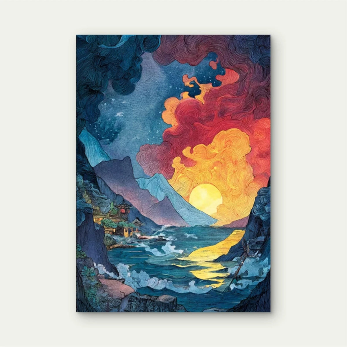 Manga-Inspired Vibrant Fire & Sunset Ocean Scene Metal Print Ready to Hang