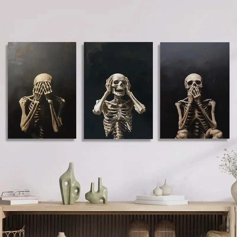3pcs Skeleton posture creativity, shyness, fear Metal Print Ready to Hang Art