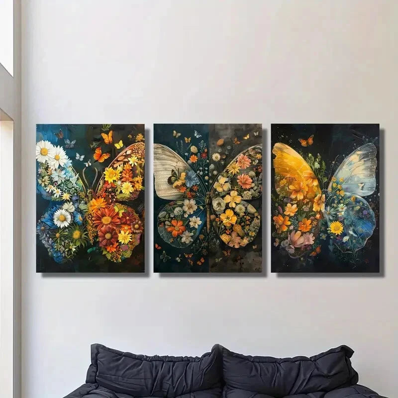3pcs Butterflies and flowers, botanical flowers, Metal Print Ready to Hang Art