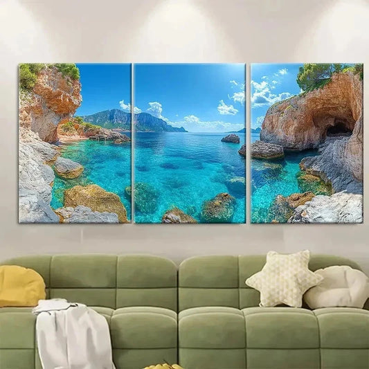 3pcs Vast Blue Seascape Caccia Italy O Wall Art Set Canvas Framed 60x90cm - High Quality Print 100% Australian Made Wall Canvas Ready to Hang