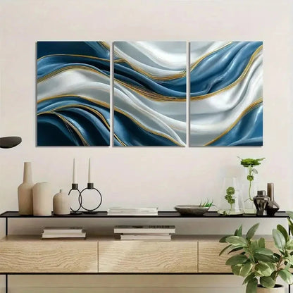 3pcs Abstract Blue and White Silk Waves Paintings Metal Print Ready to Hang Art